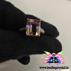 Ametrine Crystal Stone Silver Ring With American Diamond 18.43 Carat (With Certificate)